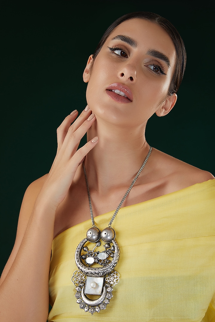 Silver Oxidized Finish Mother Of Pearl Long Necklace by 20AM at Pernia's Pop Up Shop