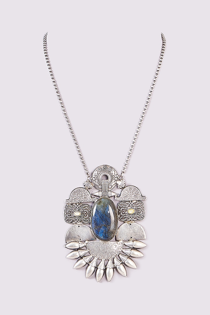 Silver Oxidized Finish Dark Grey Stone Long Necklace by 20AM at Pernia's Pop Up Shop