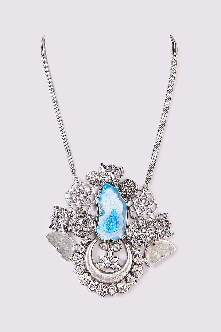 Silver Oxidized Finish White & Blue Stone Long Necklace by 20AM at Pernia's Pop Up Shop