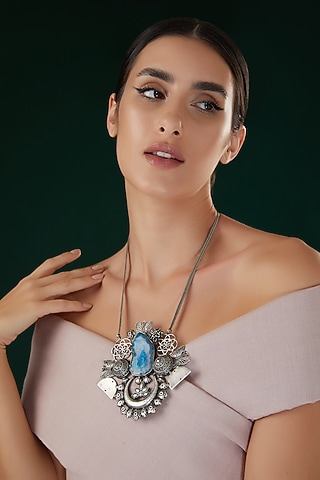 Silver Oxidized Finish White & Blue Stone Long Necklace by 20AM