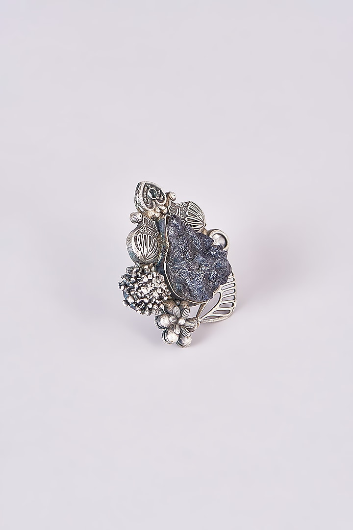 Silver Oxidized Finish Grey Stone Ring by 20AM at Pernia's Pop Up Shop