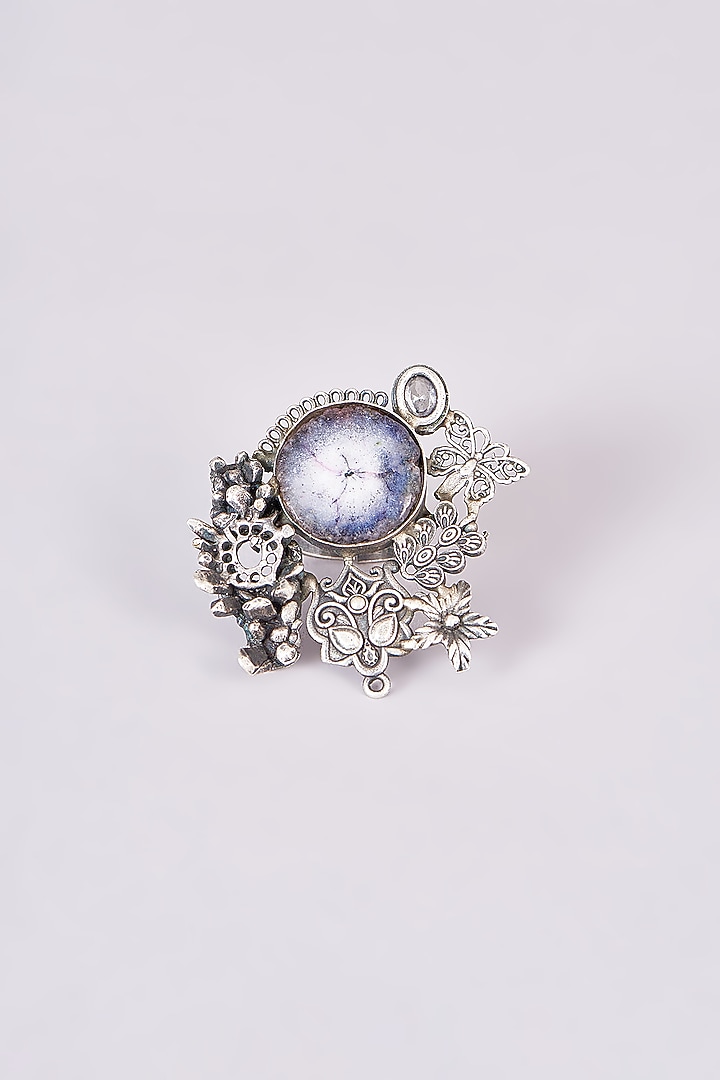 Silver Oxidized Finish Grey & White Stone Ring by 20AM at Pernia's Pop Up Shop