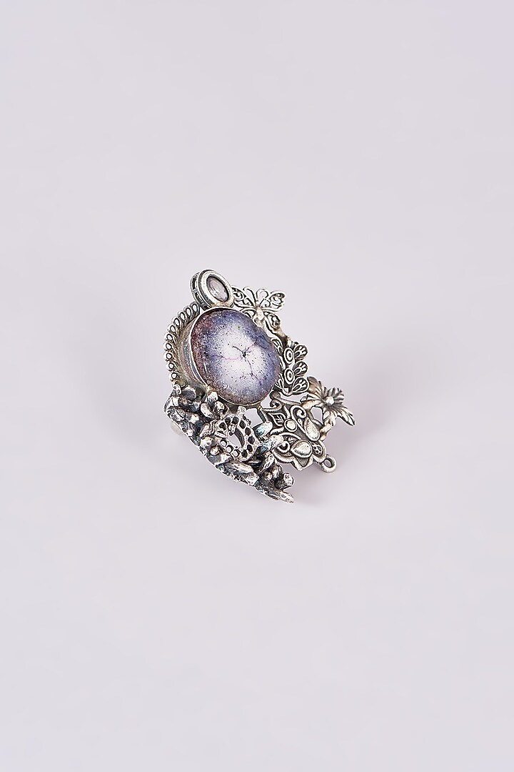 Silver Oxidized Finish Grey & White Stone Ring by 20AM at Pernia's Pop Up Shop