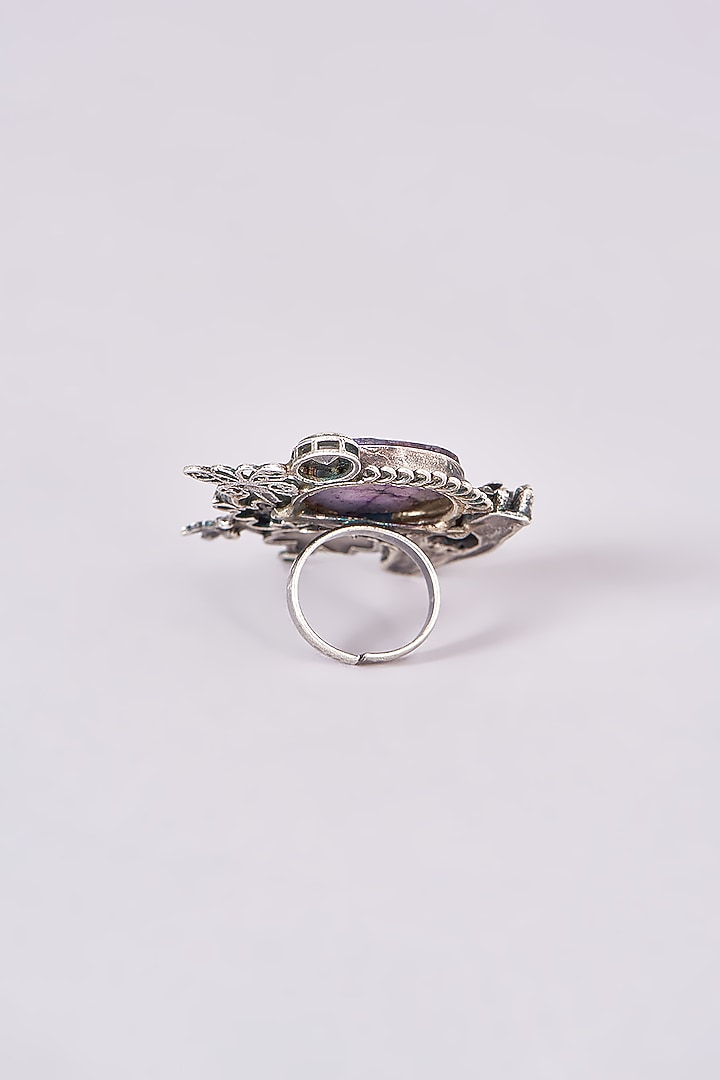Silver Oxidized Finish Grey & White Stone Ring by 20AM at Pernia's Pop Up Shop