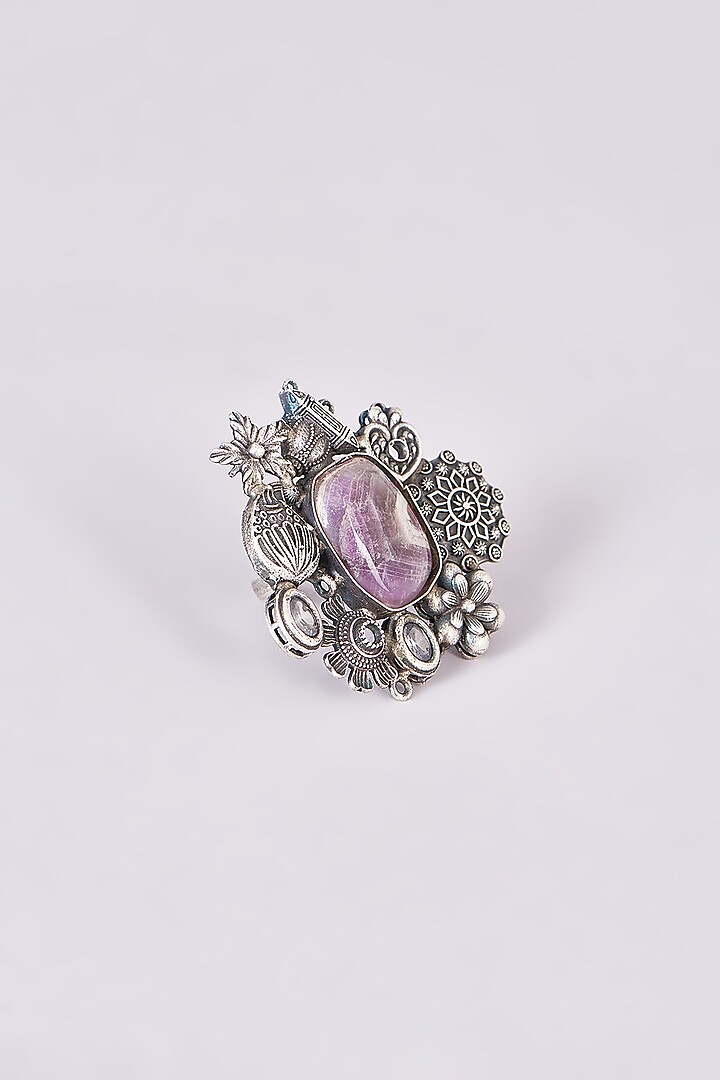 Silver Oxidized Finish Purple Stone Ring by 20AM
