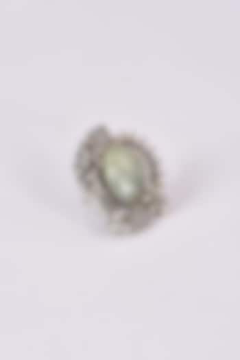 Silver Oxidized Finish Light Green Stone Ring by 20AM