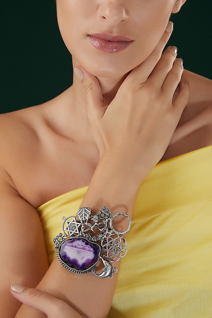 Silver Oxidized Finish Purple Stone Carved Bracelet by 20AM