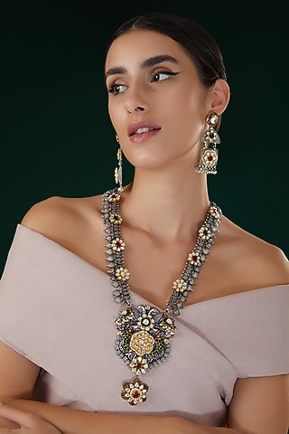 Two-Tone Finish Kundan Polki & Multi-Colored Stone Long Necklace Set by 20AM