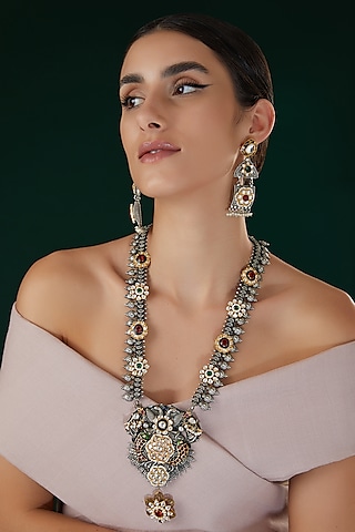 Two-Tone Finish Kundan Polki & Multi-Colored Stone Long  Necklace Set by 20AM
