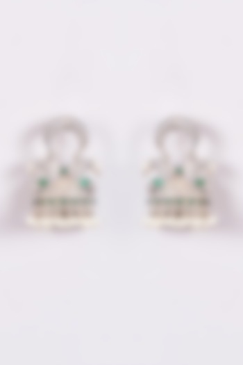 Silver Oxidized Finish Green Stone & Shell Pearl Motif Jhumka Earrings by 20AM at Pernia's Pop Up Shop
