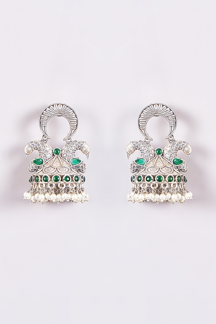 Silver Oxidized Finish Green Stone & Shell Pearl Motif Jhumka Earrings by 20AM at Pernia's Pop Up Shop
