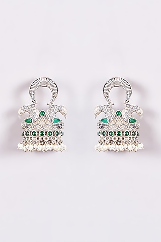 Silver Oxidized Finish Green Stone & Shell Pearl Motif Jhumka Earrings by 20AM