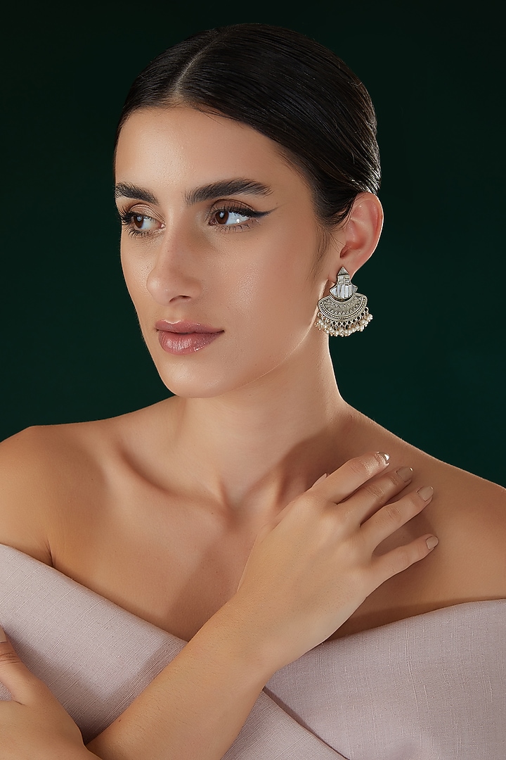 Silver Oxidized Finish Shell Pearl Carved Dangler Earrings by 20AM at Pernia's Pop Up Shop