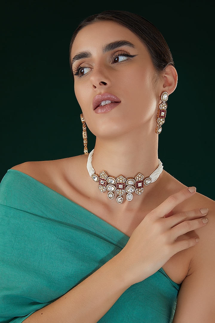 White Finish Kundan Polki & Zircon Choker Necklace Set by 20AM at Pernia's Pop Up Shop