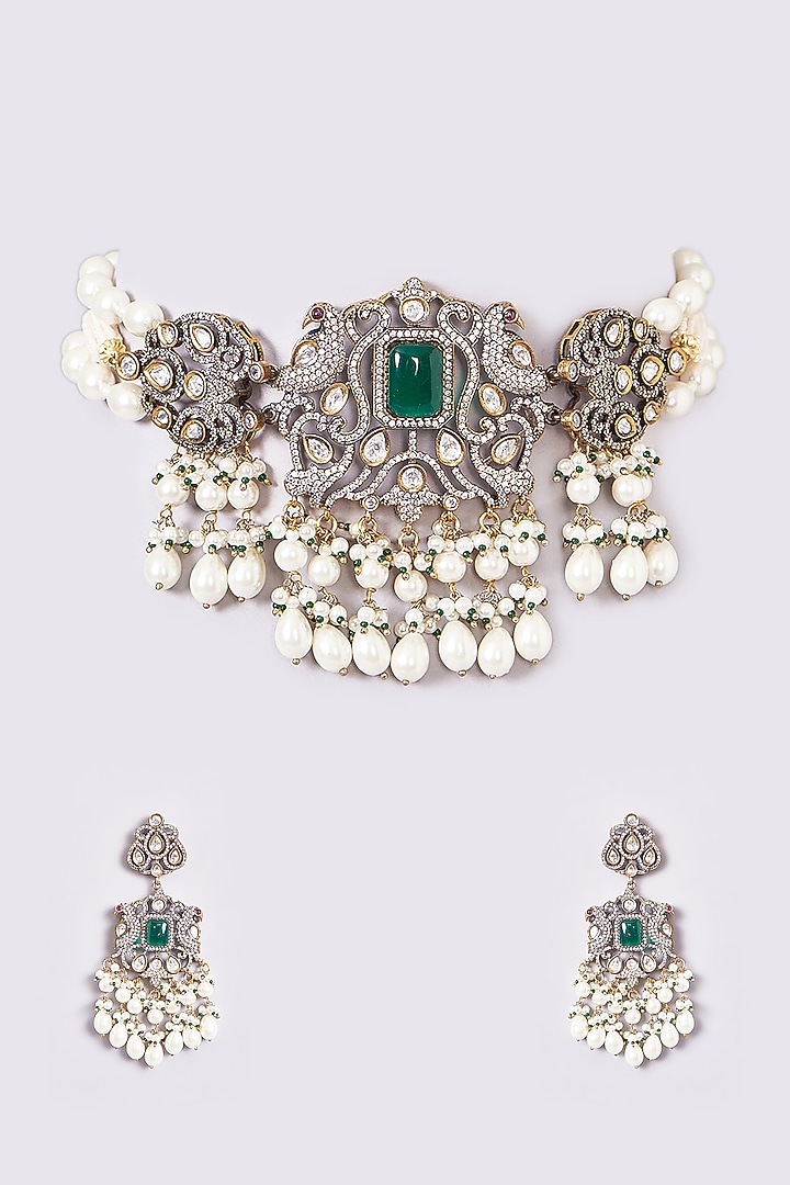 Black Rhodium Finish Kundan Polki & Green Stone Choker Necklace Set by 20AM at Pernia's Pop Up Shop