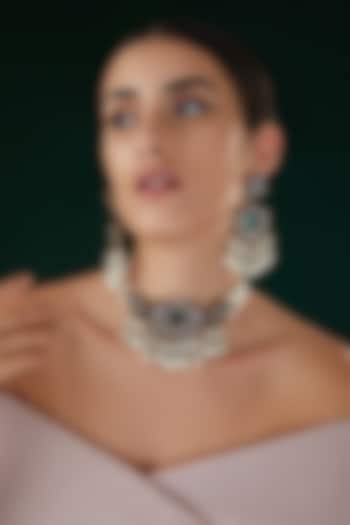 Black Rhodium Finish Kundan Polki & Green Stone Choker Necklace Set by 20AM at Pernia's Pop Up Shop