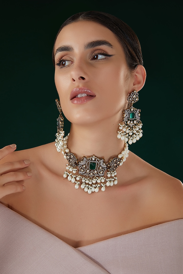 Black Rhodium Finish Kundan Polki & Green Stone Choker Necklace Set by 20AM at Pernia's Pop Up Shop