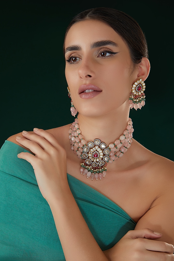 Gold Finish Kundan Polki & Pink Beaded Choker Necklace Set by 20AM at Pernia's Pop Up Shop