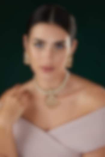Gold Finish Kundan Polki & White Beaded Choker Necklace Set by 20AM at Pernia's Pop Up Shop