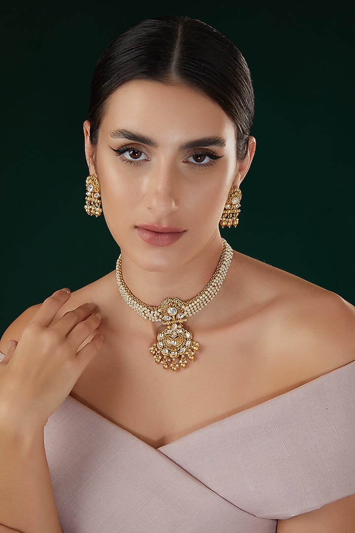 Gold Finish Kundan Polki & White Beaded Choker Necklace Set by 20AM at Pernia's Pop Up Shop