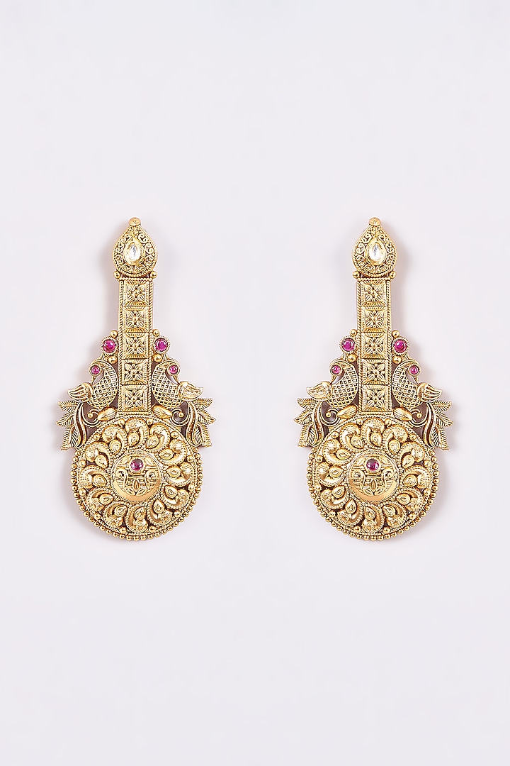 Gold Finish Carved Temple Dangler Earrings by 20AM at Pernia's Pop Up Shop