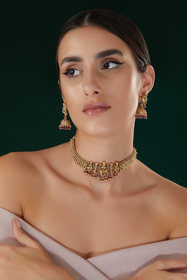 Gold Finish Pink Stone Choker Necklace Set by 20AM at Pernia's Pop Up Shop