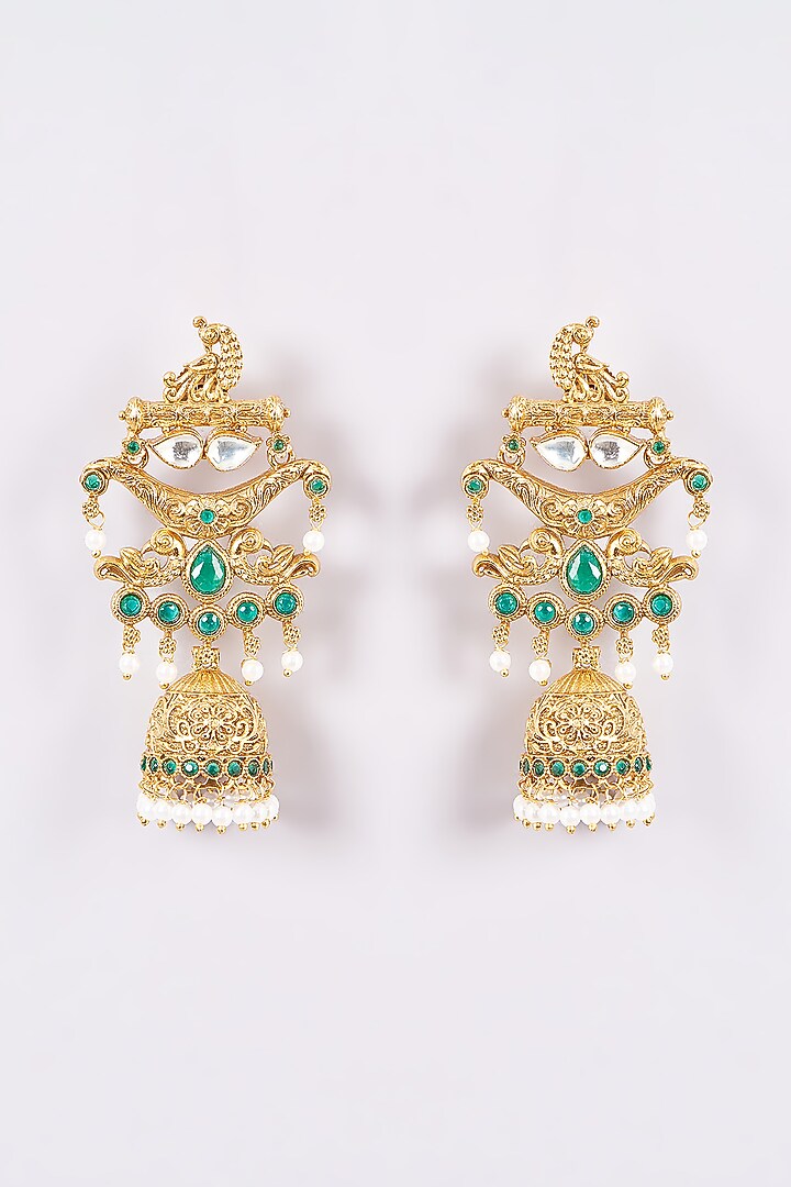 Gold Finish Green & White Stone Temple Dangler Earrings by 20AM at Pernia's Pop Up Shop