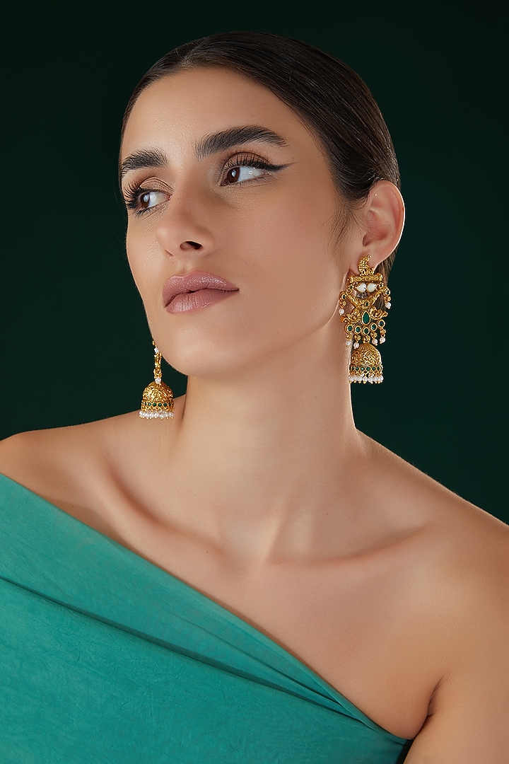 Gold Finish Green & White Stone Temple Dangler Earrings by 20AM at Pernia's Pop Up Shop