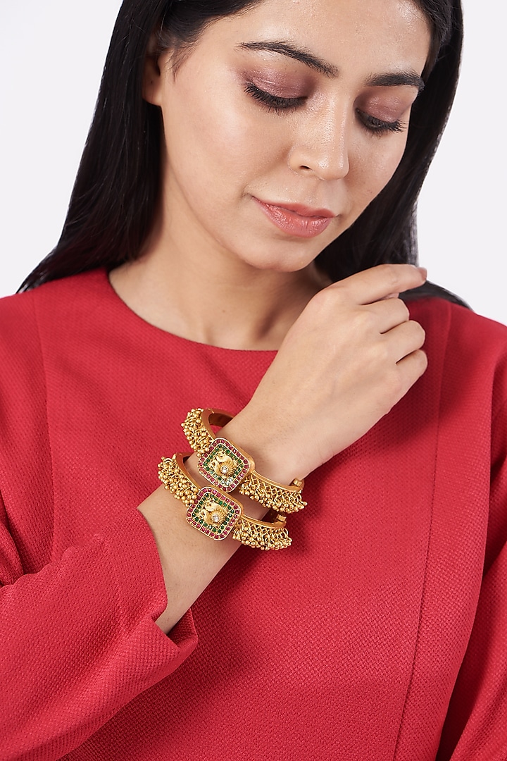 Gold Finish Red & Green Stone Bangles (Set of 2) by 20AM