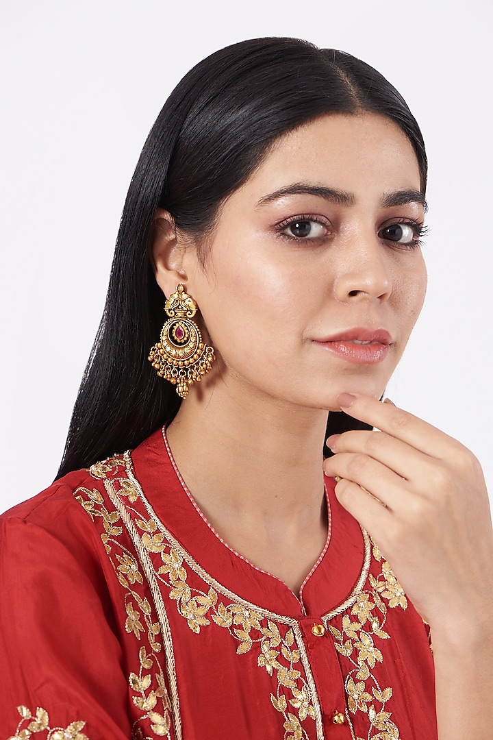 Gold Finish Synthetic Stone Temple Earrings by 20AM