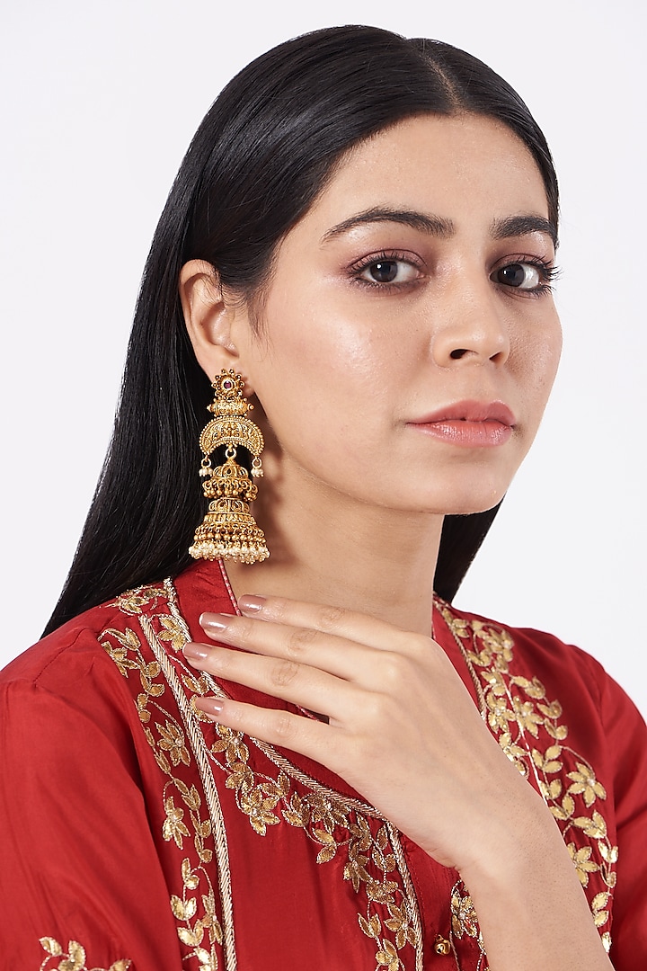 Gold Finish Long Temple Earrings by 20AM