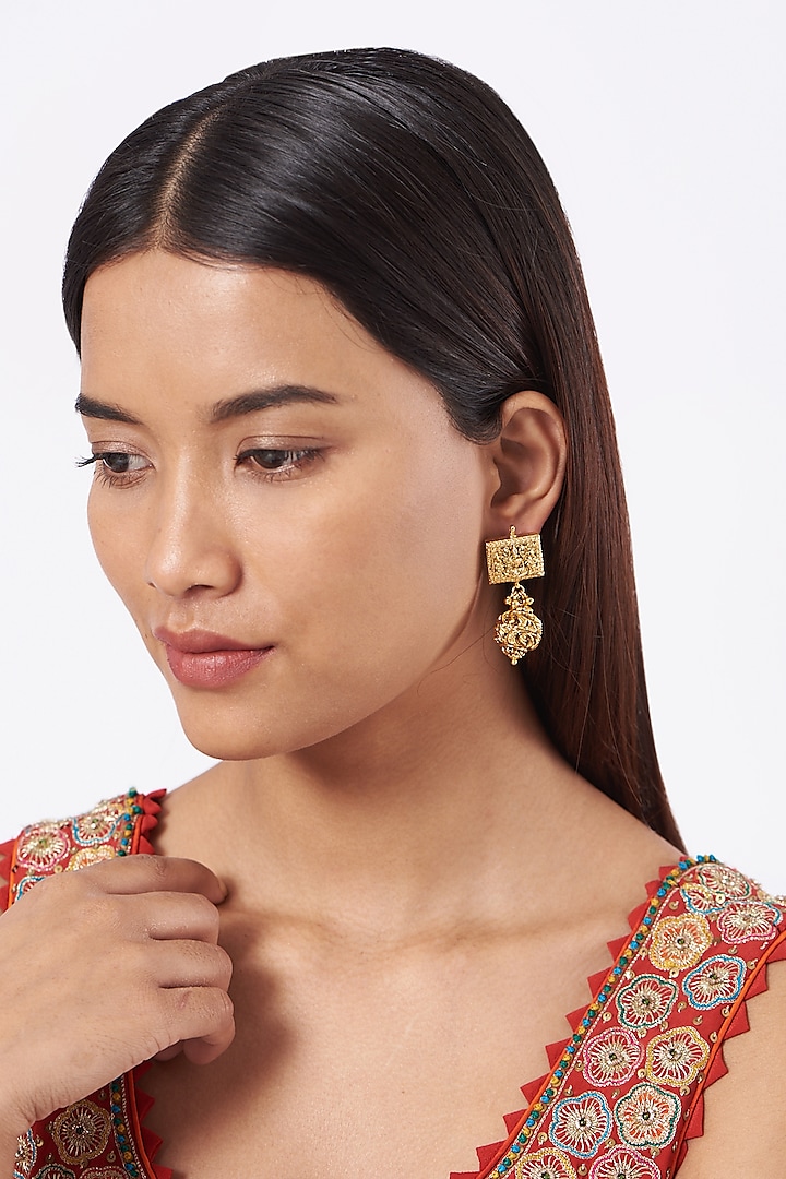 Gold Finish Temple Earrings With Metal Balls by 20AM