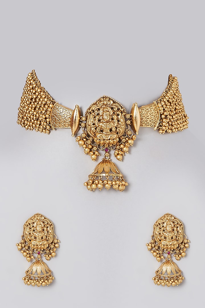 Gold Finish Choker Necklace Set With Metal Balls by 20AM at Pernia's Pop Up Shop