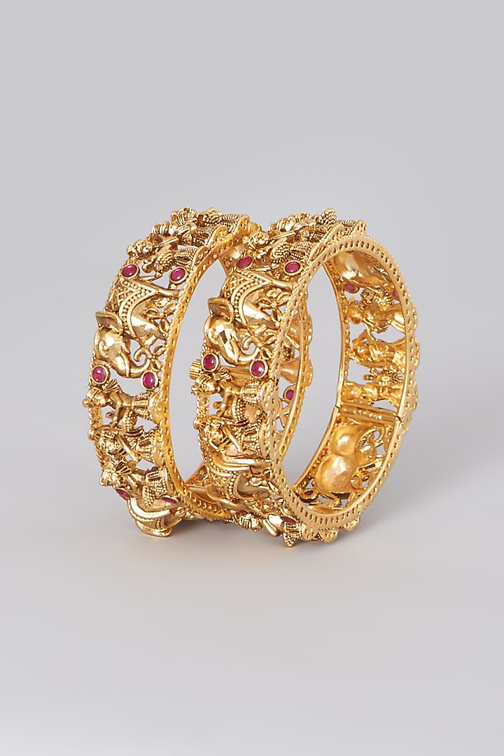 Gold Finish Red Stone Bangles (Set of 2) by 20AM at Pernia's Pop Up Shop