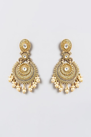 Gold Finish Kundan Polki Dangler Earrings by 20AM