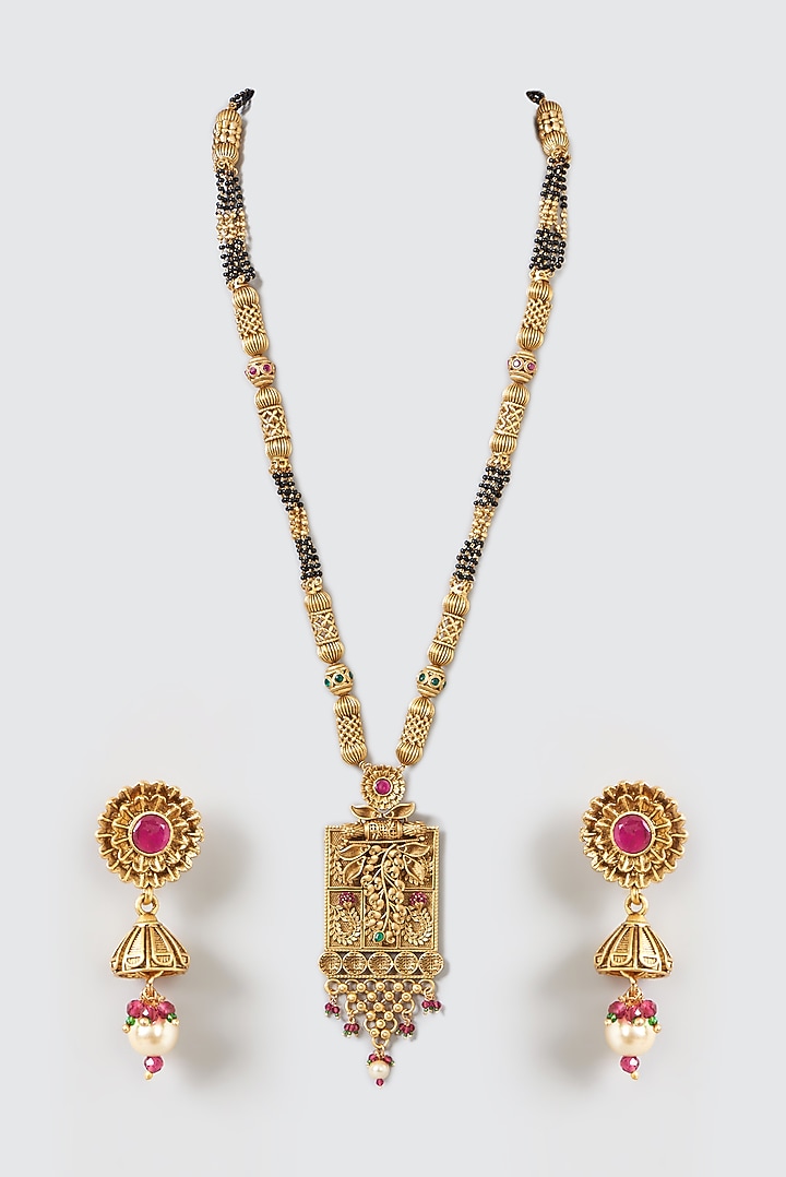 Gold Finish Motif & Bead Long Temple Necklace Set by 20AM at Pernia's Pop Up Shop