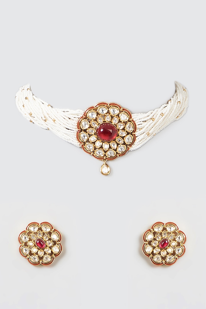 Gold Finish Kundan Polki Choker Necklace Set by 20AM at Pernia's Pop Up Shop