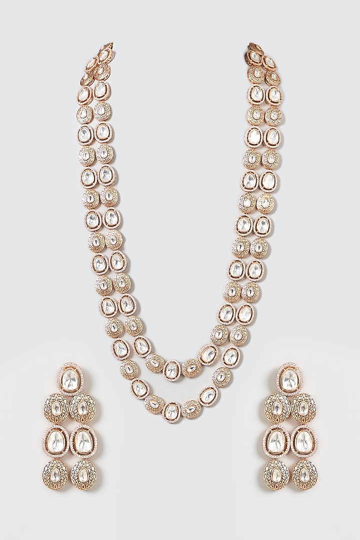 Gold Finish Kundan Polki Long Necklace Set by 20AM at Pernia's Pop Up Shop