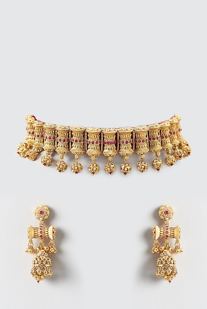 Gold Finish Floral Temple Choker Necklace Set by 20AM at Pernia's Pop Up Shop