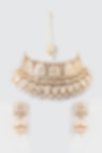 Gold Finish Kundan Polki & Pearls Choker Necklace Set by 20AM