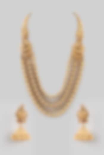 Gold Finish Peacock Motifs Long Temple Necklace Set by 20AM at Pernia's Pop Up Shop