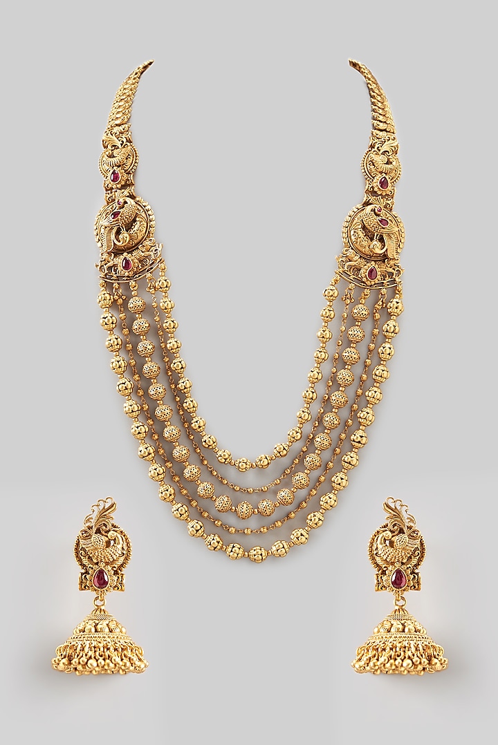 Gold Finish Peacock Motifs Long Temple Necklace Set by 20AM