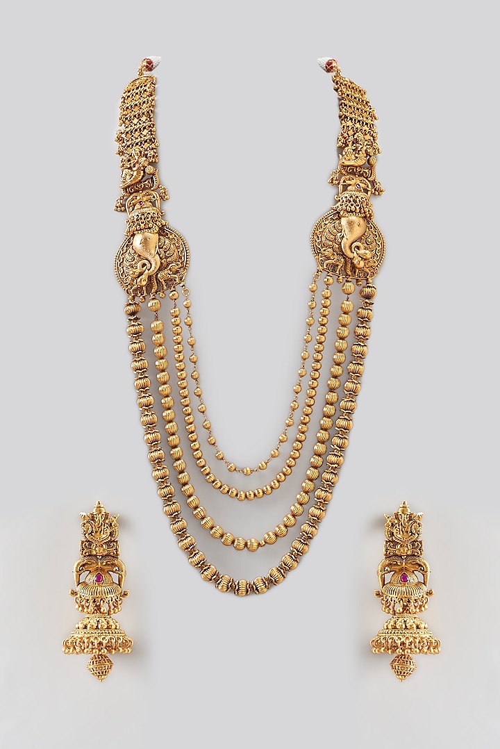 Gold Finish Ganesha Temple Necklace Set by 20AM