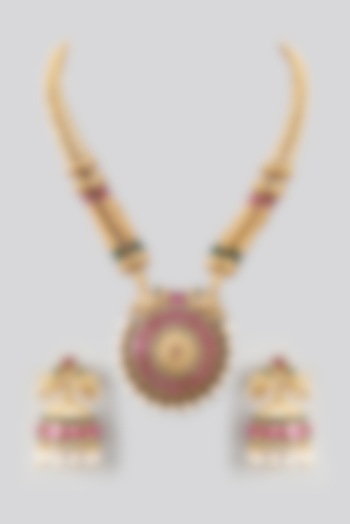 Gold Finish Multi-Colored Stones Long Temple Necklace Set by 20AM
