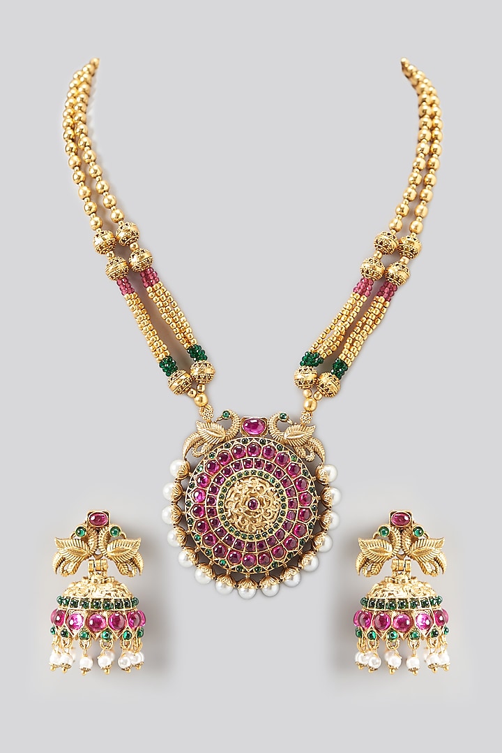 Gold Finish Multi-Colored Stones Long Temple Necklace Set by 20AM