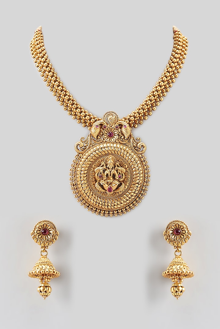 Gold Finish Long Temple Necklace Set by 20AM