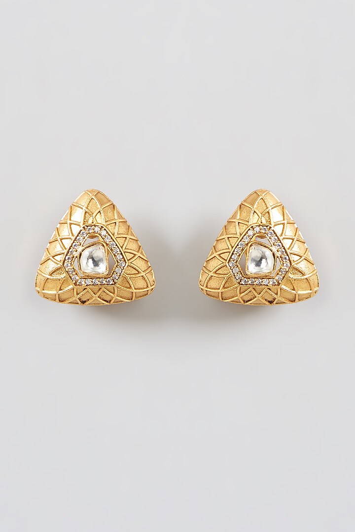 Gold Finish Kundan Polki & Zircon Temple Stud Earrings by 20AM at Pernia's Pop Up Shop