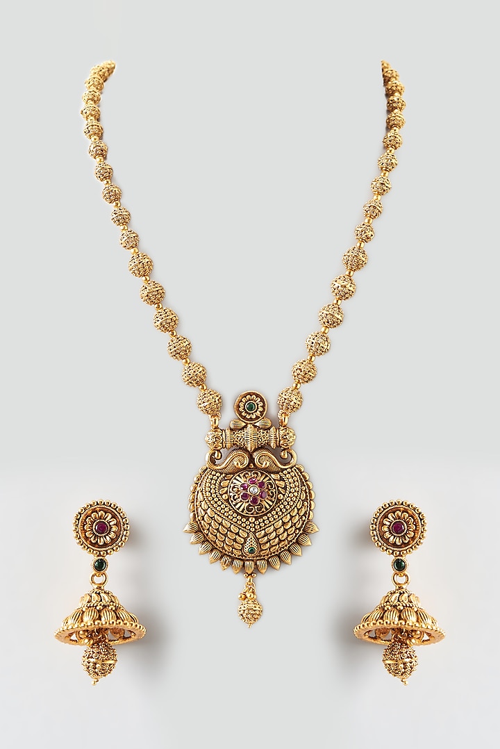 Gold Finish Beaded Long Temple Necklace Set by 20AM