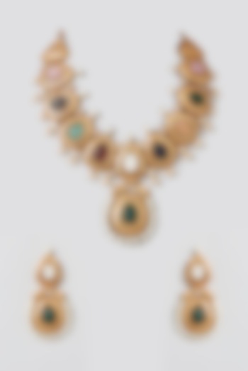 Gold Finish Multi-colored Stones Long Temple necklace Set by 20AM