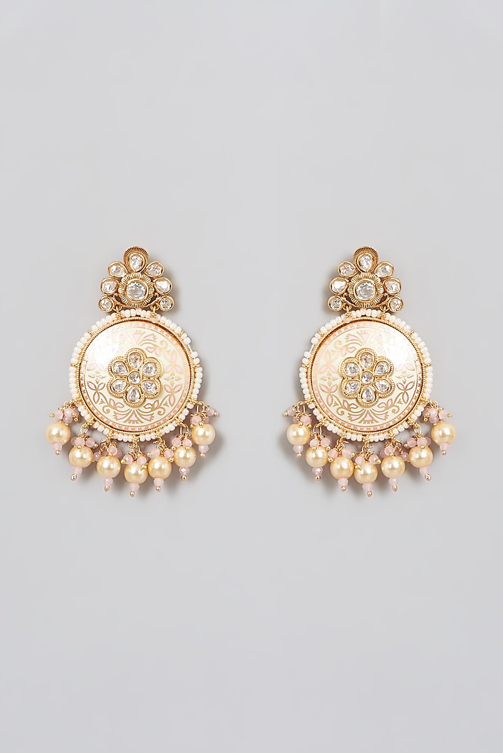 Gold Finish Pearls Enameled Dangler Earrings by 20AM